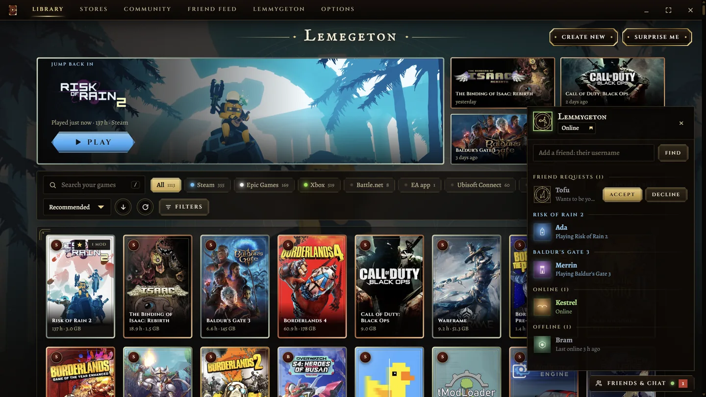 The friends list open over the library: friends grouped by the game they are in, then online and offline.