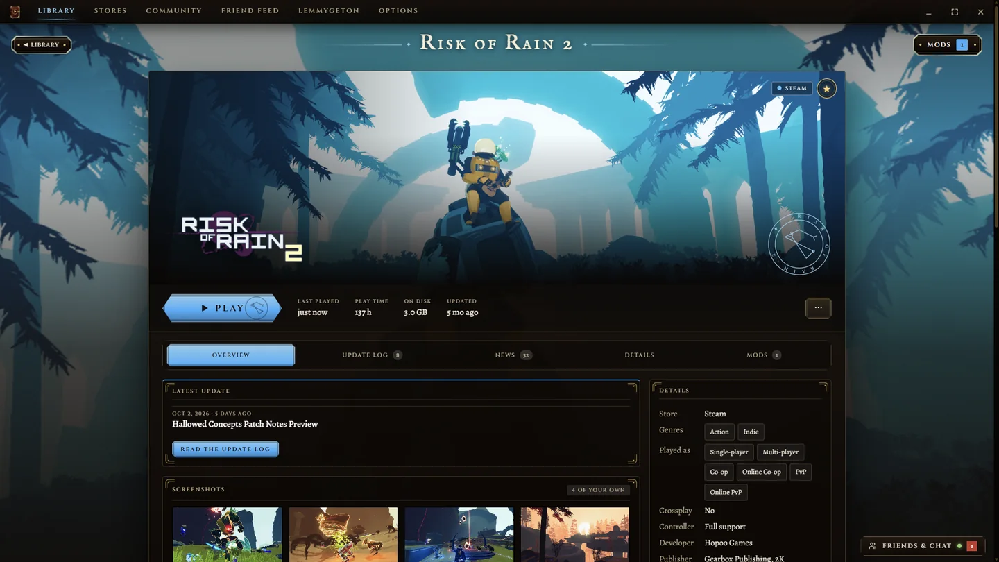 A game's page: its art, a Play button, play time, and tabs for updates, news, details and mods.