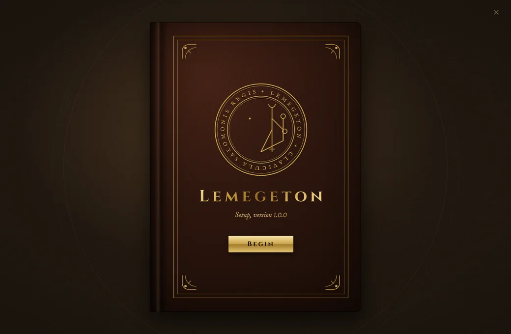 The installer's cover: a leather-bound book with a gold seal and a Begin button.