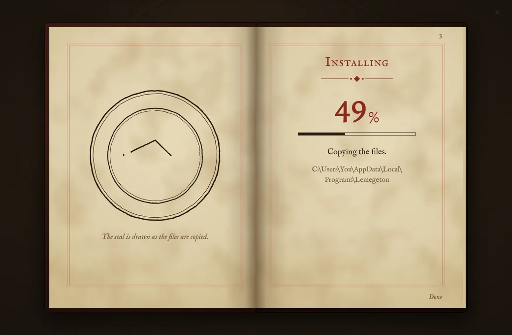 The installer at 49 percent, a seal half drawn on the left-hand page.