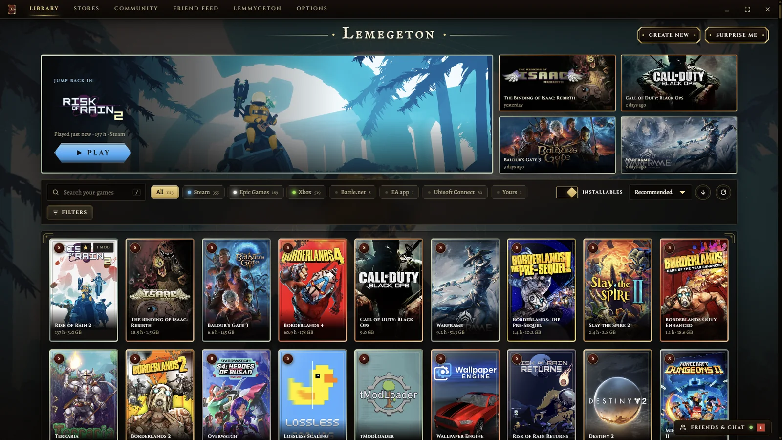 The library: the game played last at the top, a row of filters for each store, and a wall of game covers.