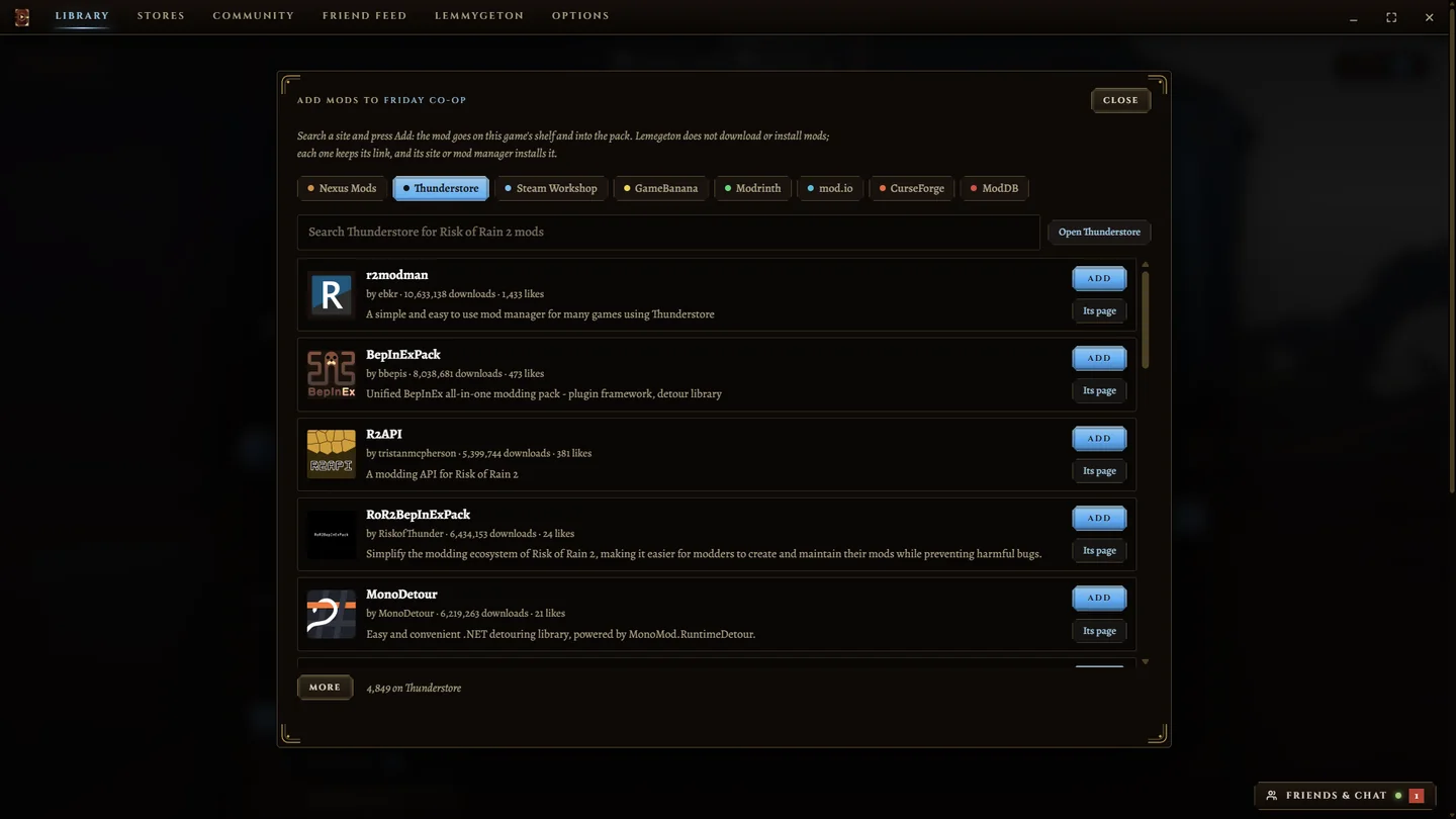 Searching Thunderstore for a game's mods from inside Lemegeton, with tabs for the other mod sites.