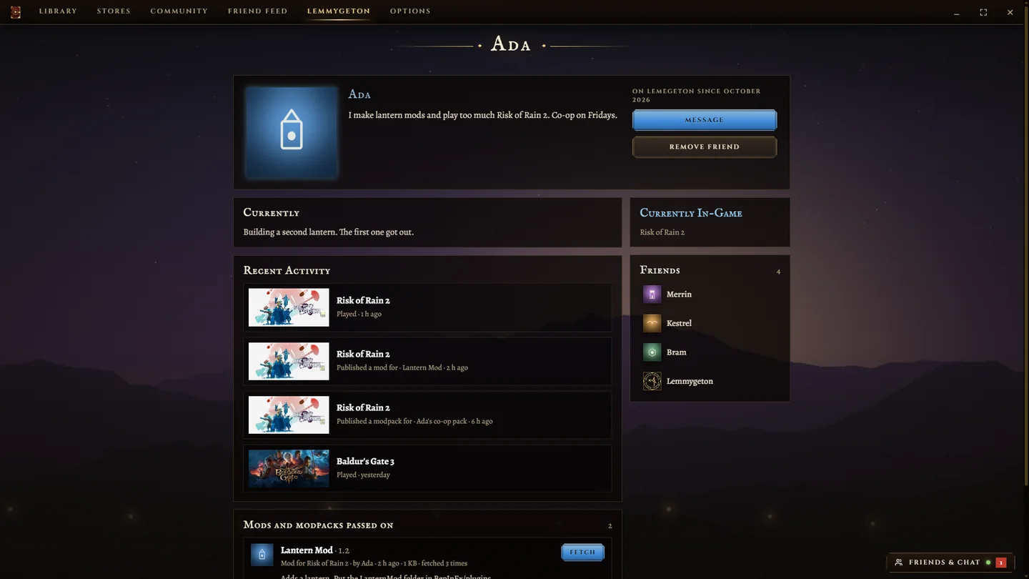 A profile with its own background, a summary, recent activity, friends, and the mods its owner has passed on.