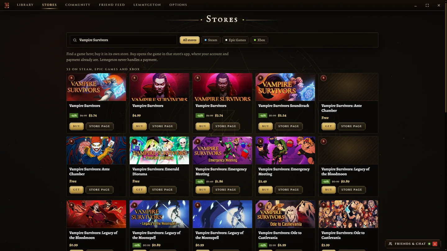 One search showing the same game on Steam, Epic Games and Xbox, each with its price.
